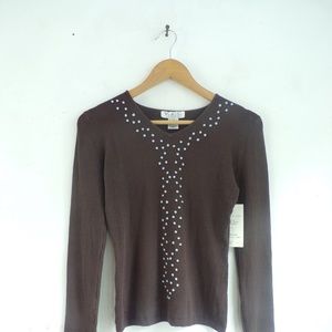 NWT V.A.S Embellished Sweater Brown Blue Knot Trim